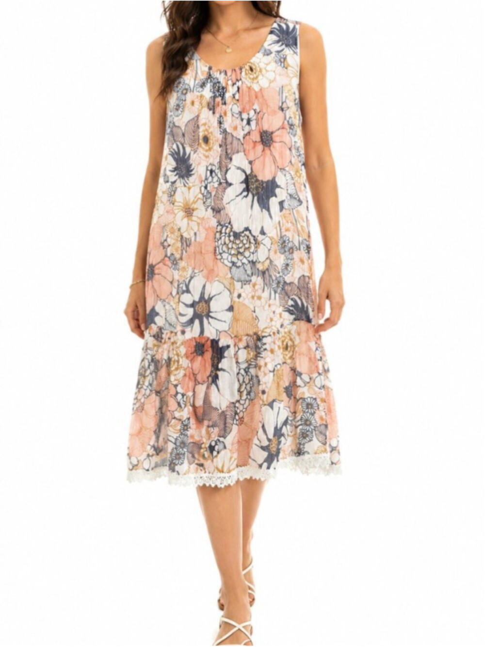BELLAMBIA Floral Silk Midi Dress Pink Blue Large Sleeveless Drop Waist Crochet